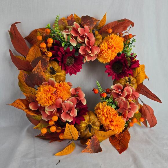Fall Holiday Wreath 16" x 16" x 3.5" Leaves Pumpkins Floral Artificial New - Picture 3 of 12